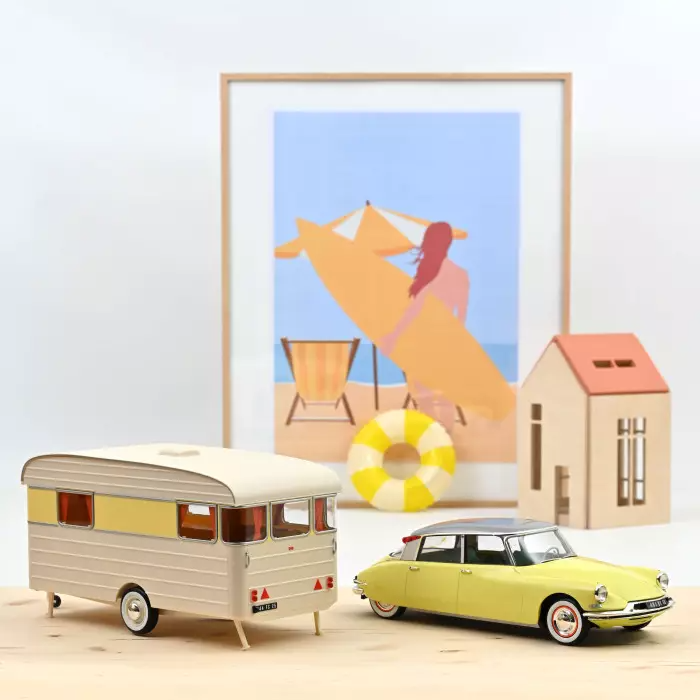 CITROËN DS 19 1960 JONQUILLE YELLOW & CARAVAN DIGUE PANORAMIC 1:18 Norev